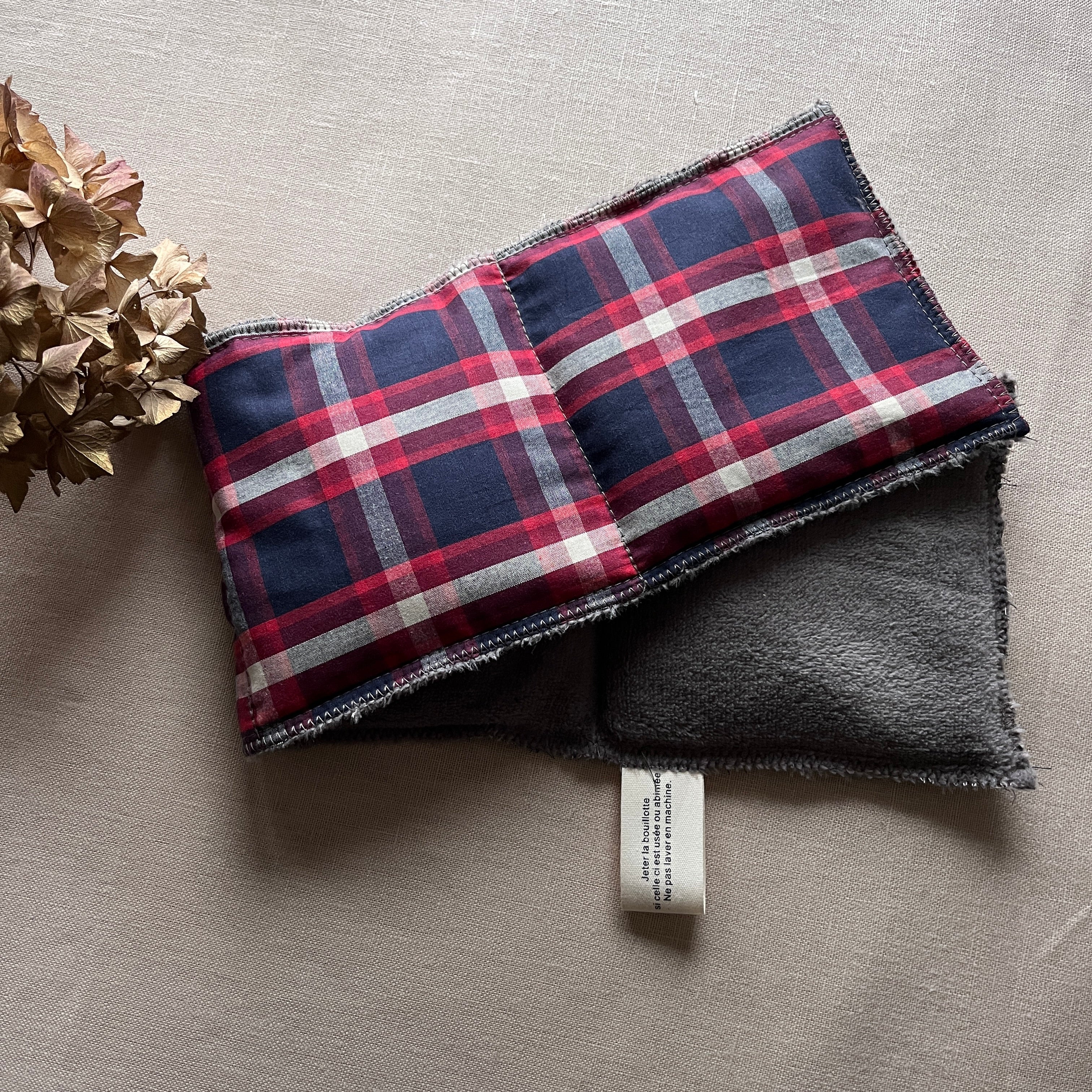 Bouillotte tour de cou rectangle écossaise  bleu/rouge/gris