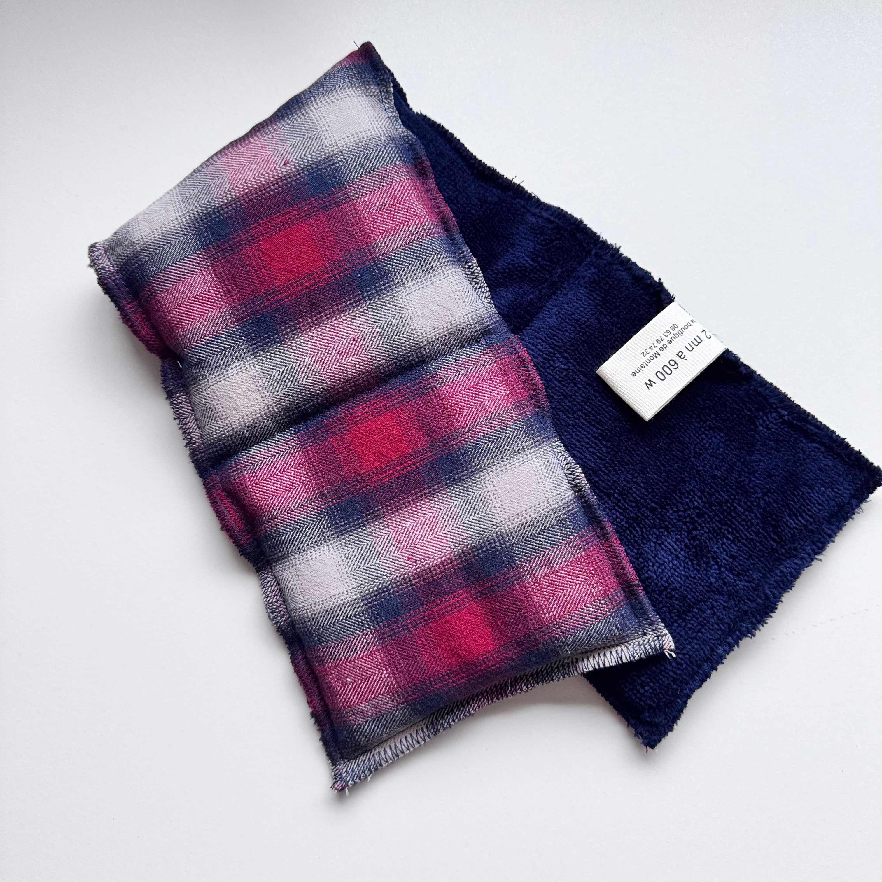 Bouillotte tour de cou rectangle flanelle de coton écossaise bleu/rouge