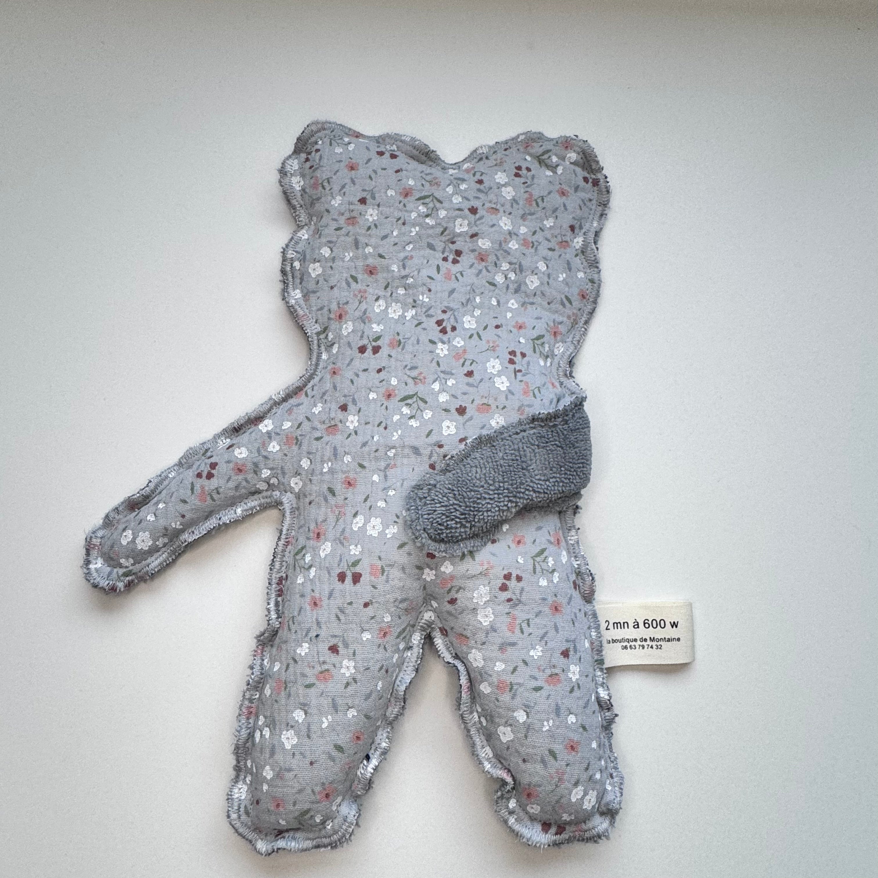 Bouillotte Ourson double gaze fleur gris/gris