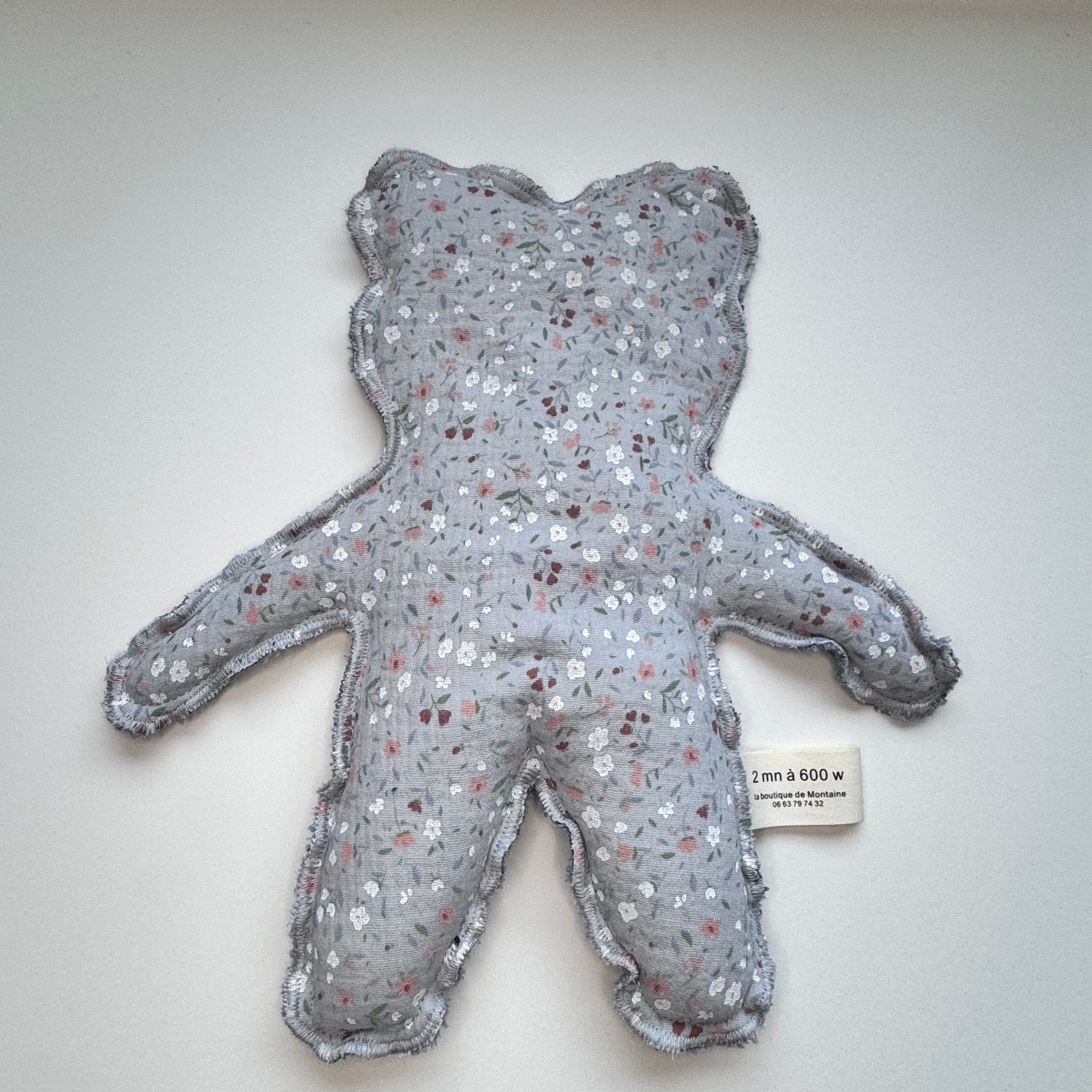 Bouillotte Ourson double gaze fleur gris/gris