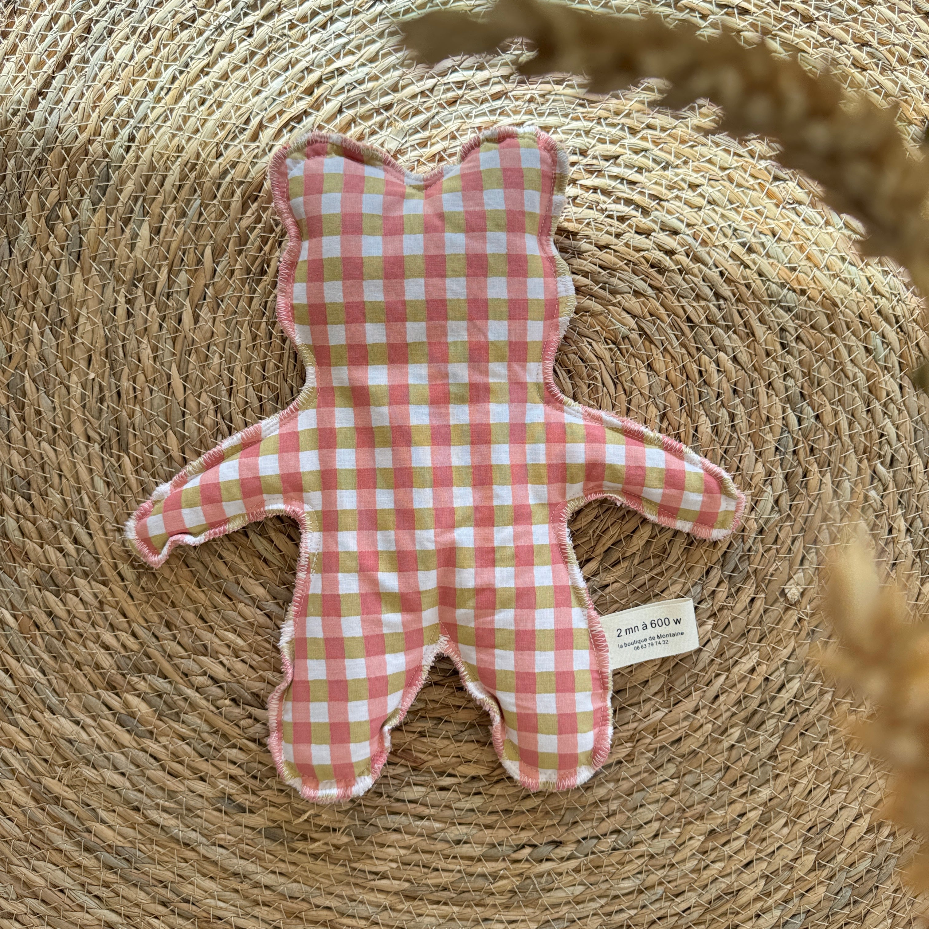 Bouillotte Ourson carreaux saumon, vert, ivoire