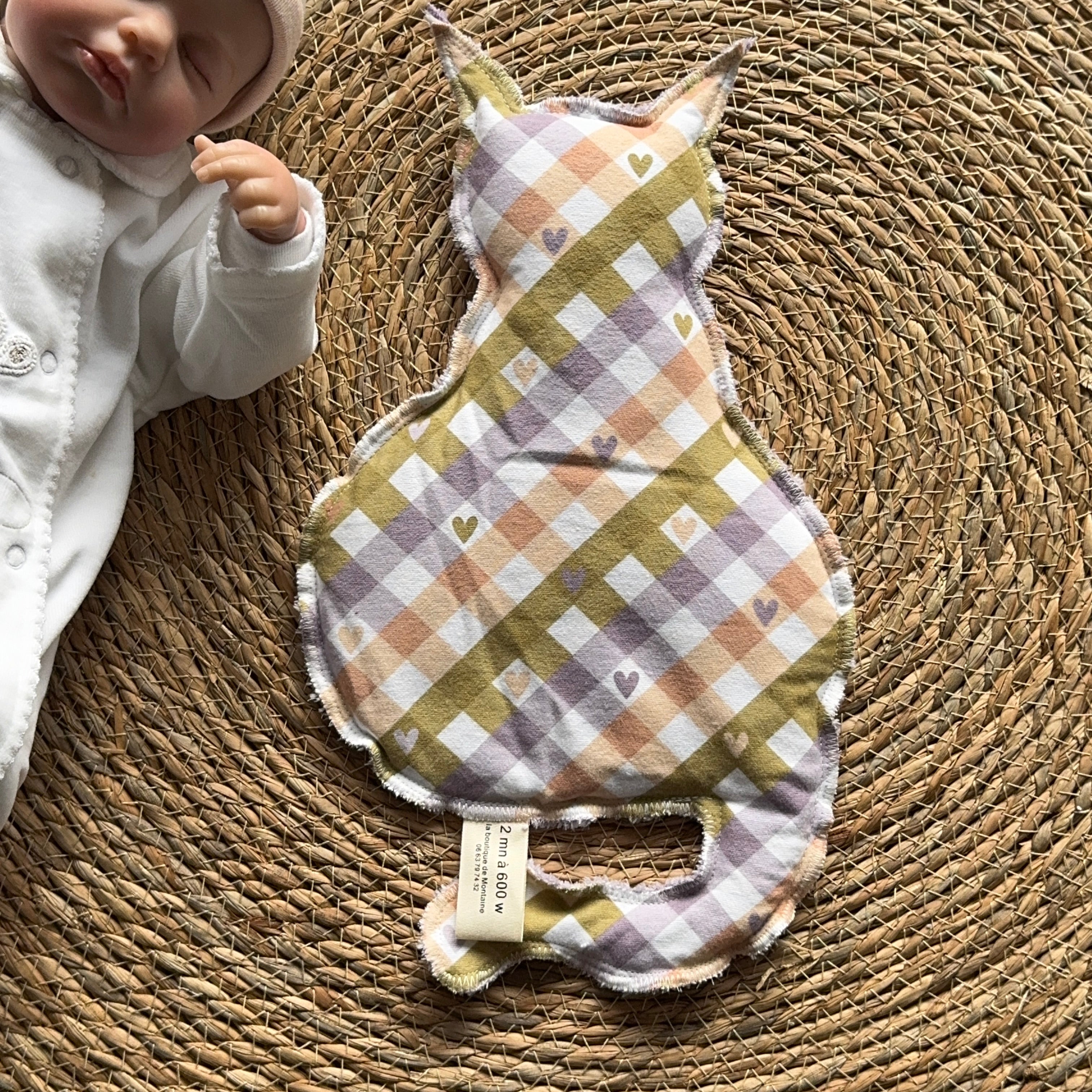 Bouillotte Chat vichy saumon/vert/mauve/coeur