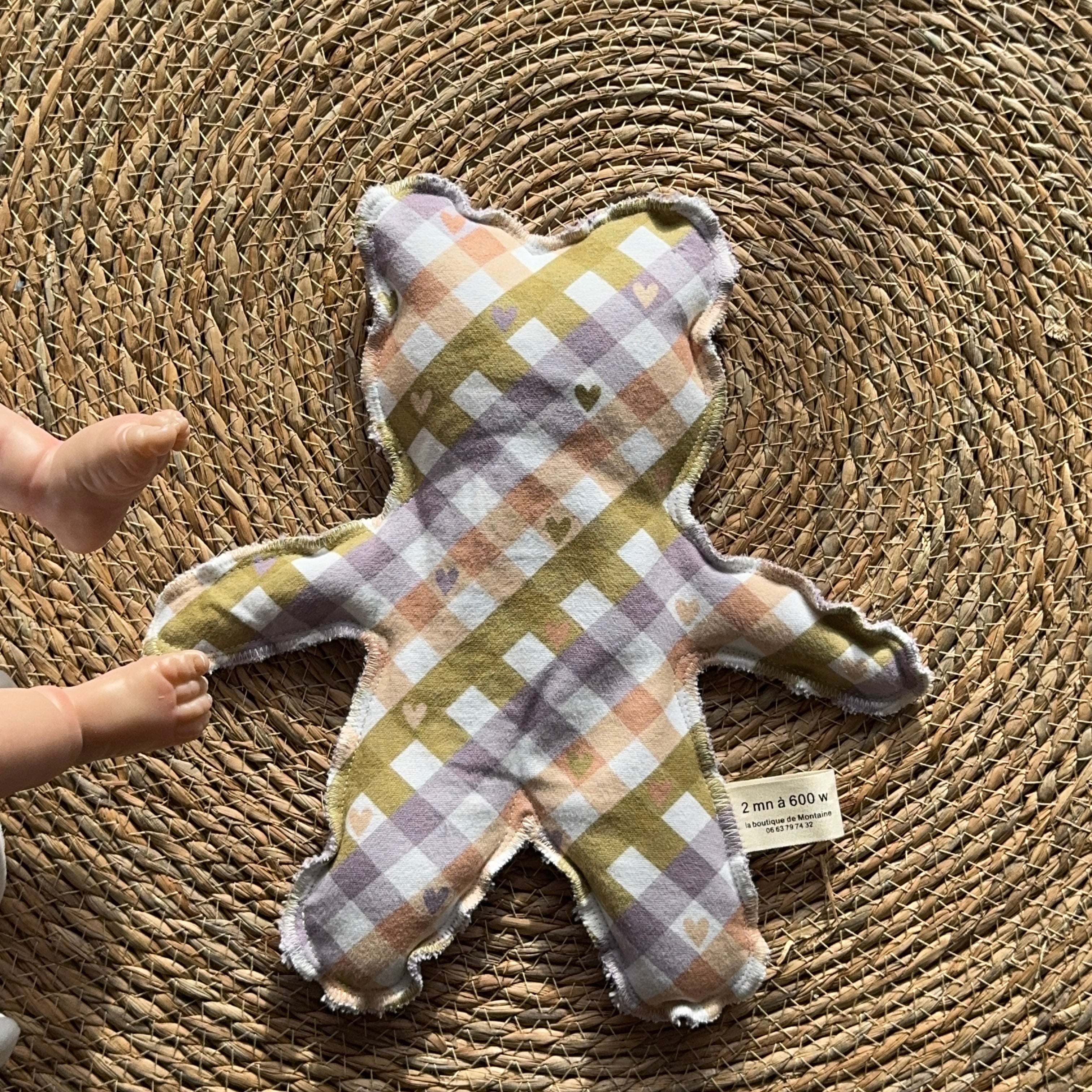 Bouillotte Ourson vichy mauve/vert/saumon/coeur