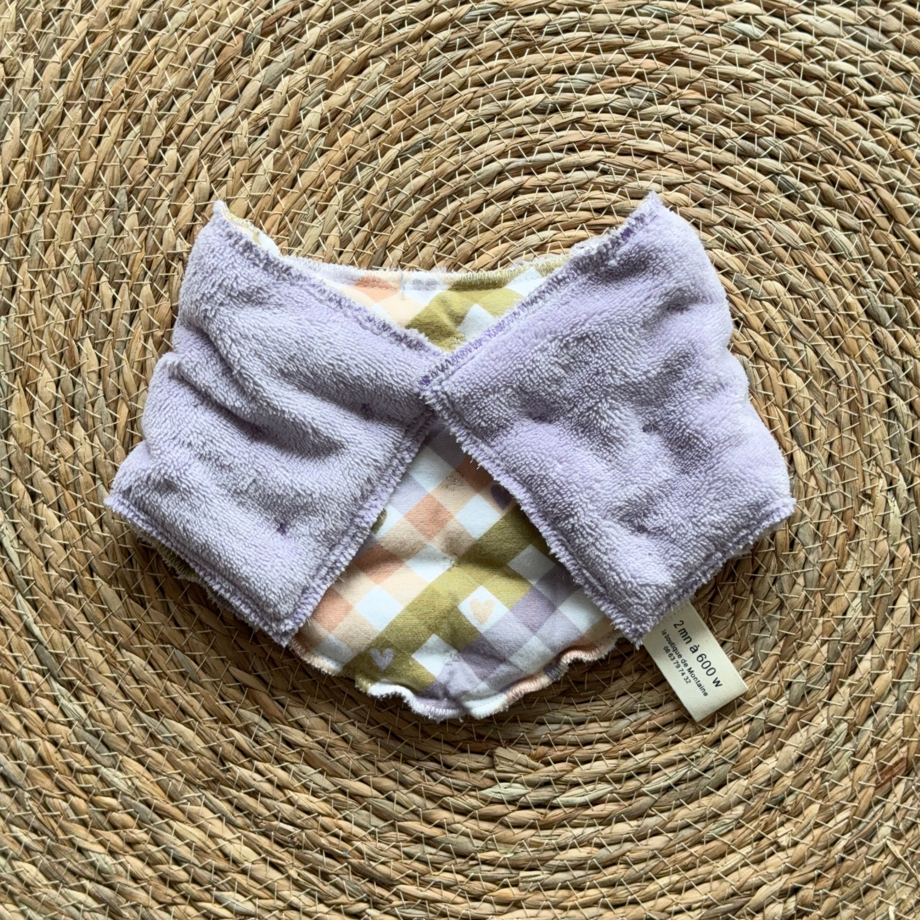 Bouillotte Tour de cou ergonomique vichy saumon/vert/mauve/coeur