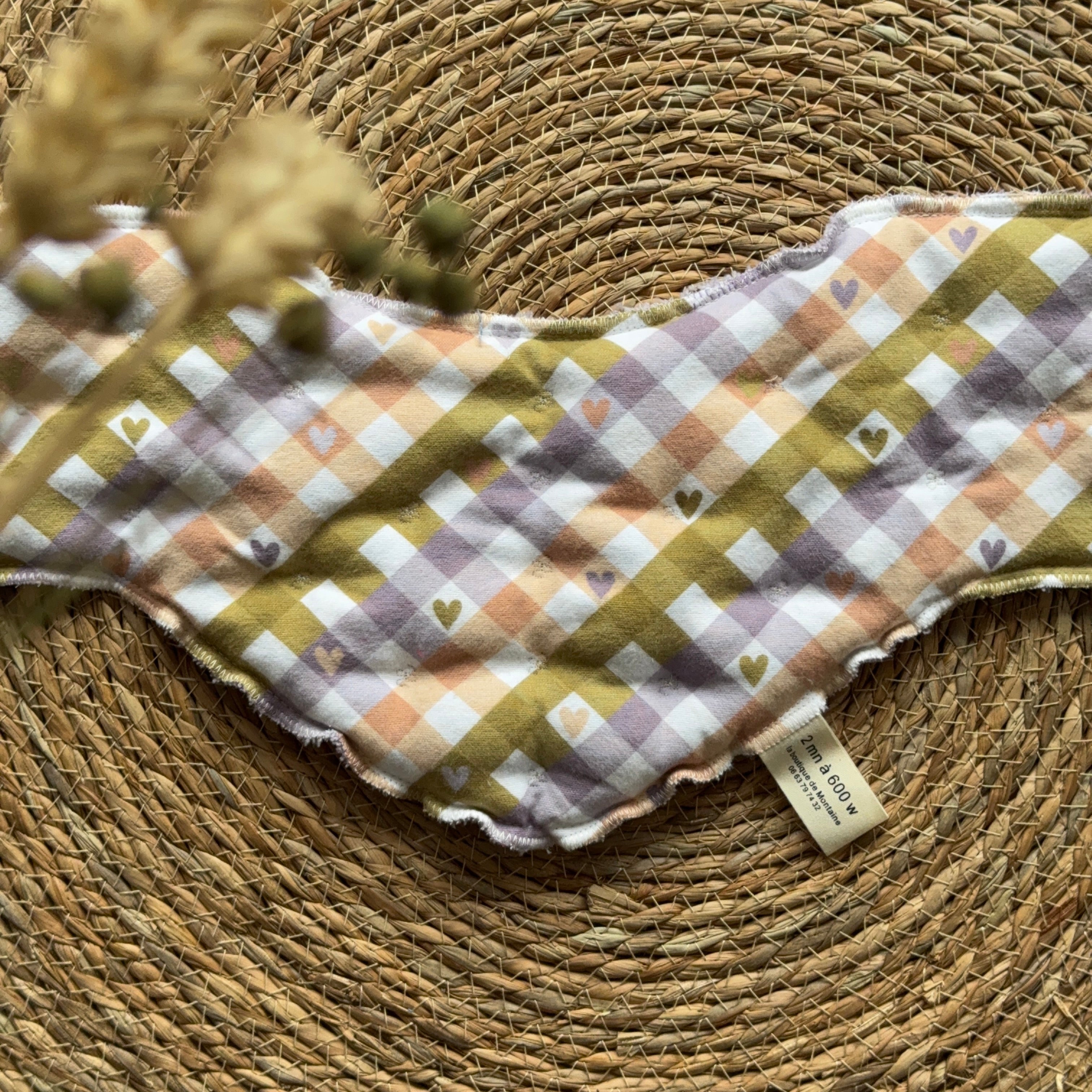 Bouillotte Tour de cou ergonomique vichy saumon/vert/mauve/coeur