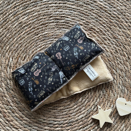 Bouillotte tour de cou rectangle instruments de musique noir/ocre