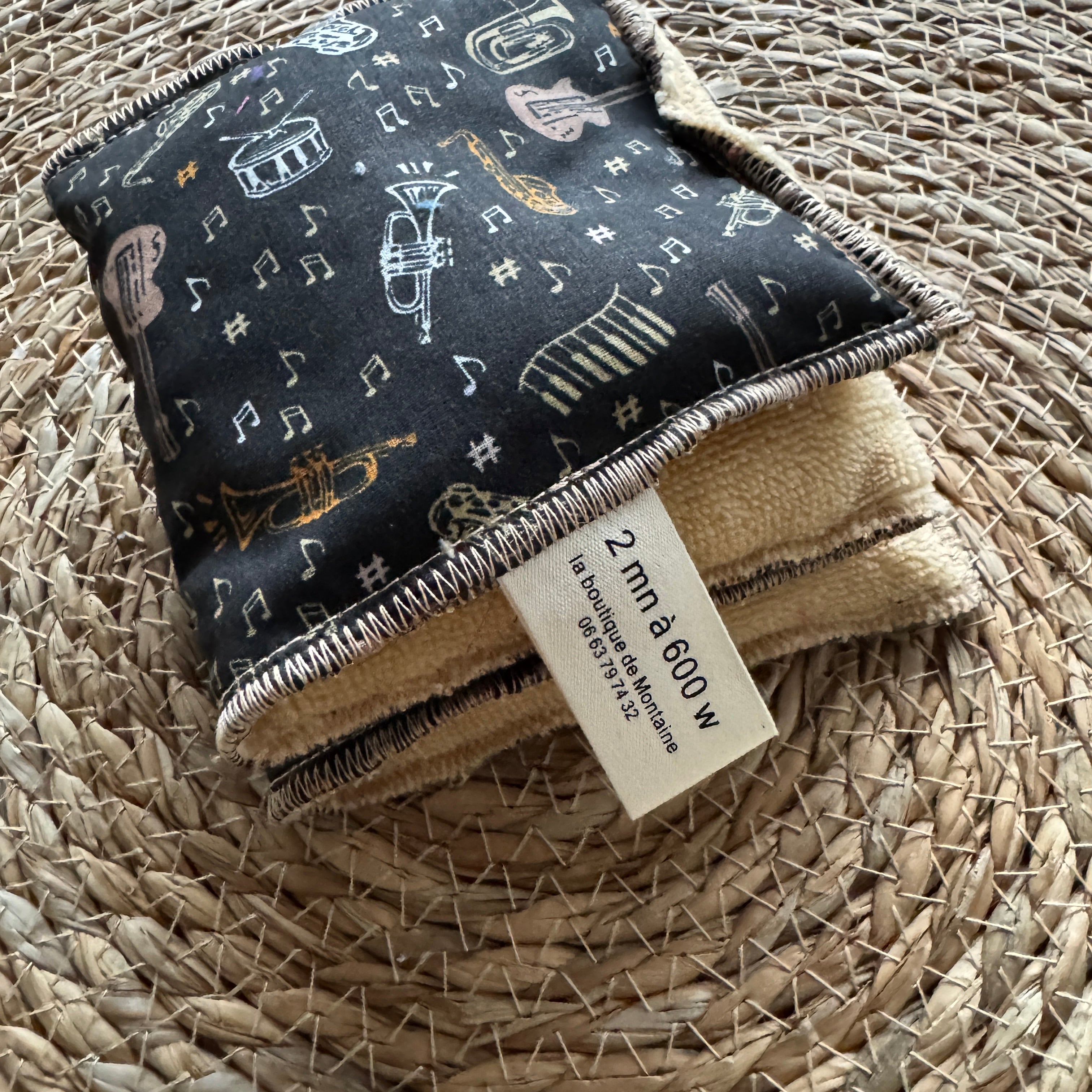 Bouillotte tour de cou rectangle instruments de musique noir/ocre